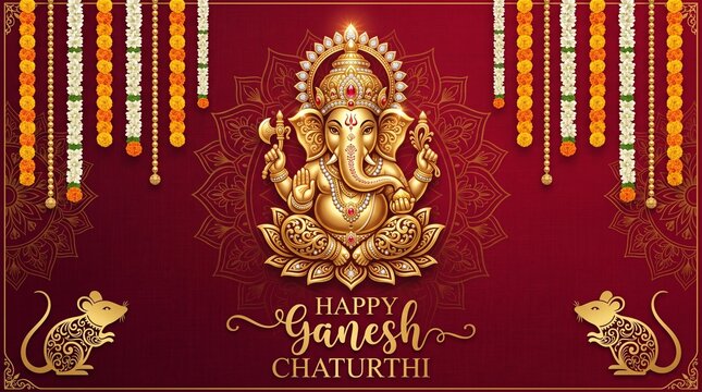 Golden Lord Ganesha Vector Illustration for Happy Ganesh Chaturthi Festival, Elegant Red and Gold Background with Marigold Flower Garlands, Mandala Art, and Mushak Mouse Vector Elements