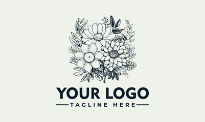 Fototapeta premium Elegant hand drawn floral bouquet logo template for boutique or wedding branding.