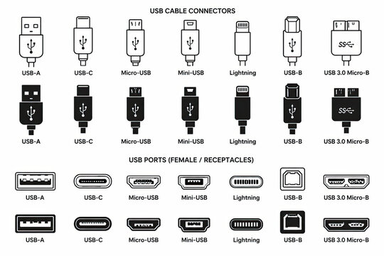 Set of black computer cable connector icons for usb and electronic devices isolated on white background