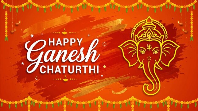 Happy Ganesh Chaturthi Vector Banner with Lord Ganesha Line Art, Hindu Festival Greeting Design with Marigold Garland and Diya on Orange Background