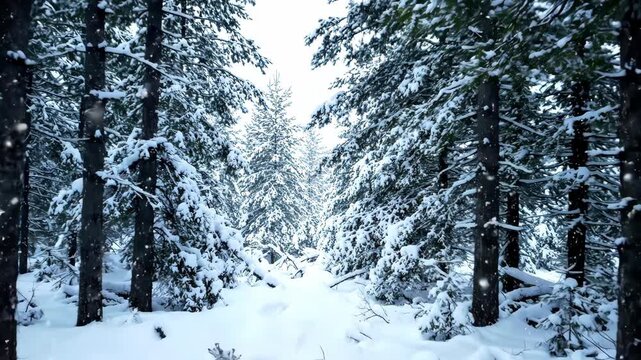 Snow-Covered Forest Path in Winter Wonderland Scene.