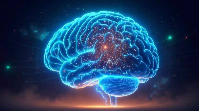Glowing futuristic human brain with neural connections and digital technology background