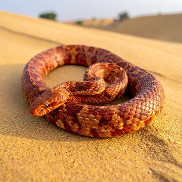 A coiled reddish-brown snake with darker blotches on sandy dune