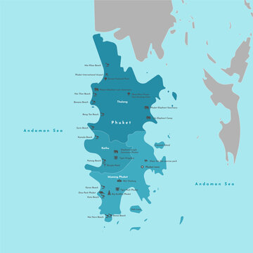 Vector modern illustration. Simplified administrative map of Phuket island. Border with nearest areas of Thailand. Blue background of Andaman sea. Names of attractions and tourist places