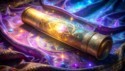 Enchanted Golden Scroll Resting Upon Shimmering Celestial Velvet Fabric with Magical Light Particles and Mystical Ornate Details © Apih