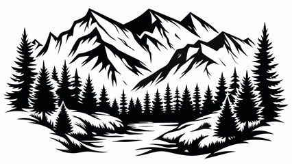 Mountain forest silhouette against a white background a graphic depiction of coniferous trees and peaks alpine ascent backdrop black and white contour © Riya