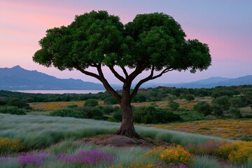Fototapeta premium Lone tree in wildflower meadow at sunset with distant mountains for landscape wallpaper and nature background banner design