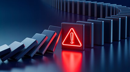 Glowing warning symbol with falling domino effect and business risk concept