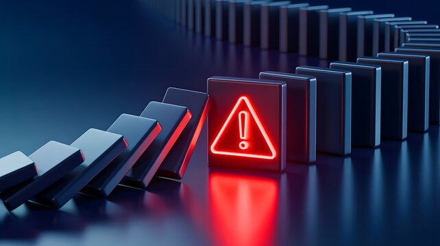 Glowing warning symbol with falling domino effect and business risk concept