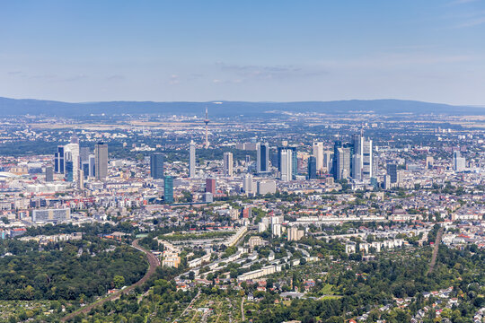 Frankfurt skyline from above aerial view skyscrapers with banks in Frankfurt, Germany