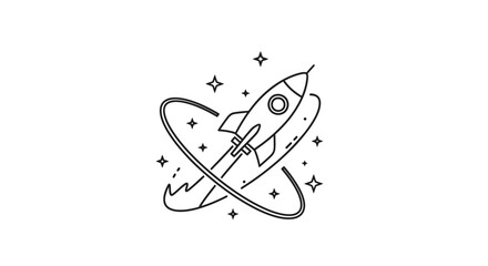 A simple line art illustration of a rocket ship flying through outer space © cebong