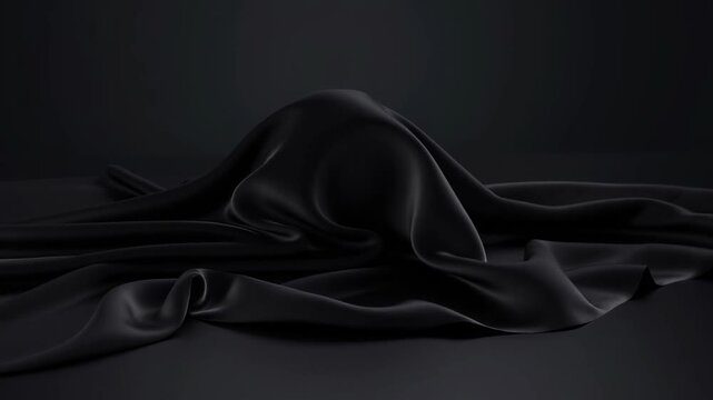 Smooth black satin fabric draped elegantly with soft folds on dark background