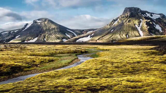 Scenic volcanic mountains with mossy fields and winding stream under cloudy blue sky landscape