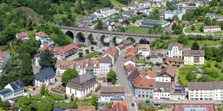 Hornberg town in the Black Forest from above panorama in Hornberg, Germany