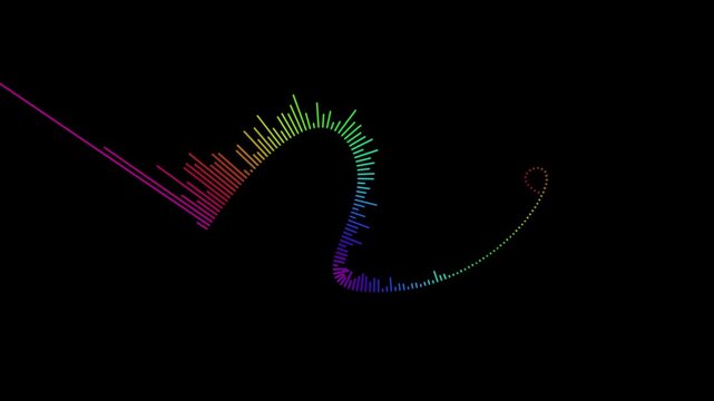 Audio equalizer wave rendered in vibrant rainbow colors sweeps across a stark black background to visualize sound frequencies, rhythm, and dynamic music motion for modern digital media production.