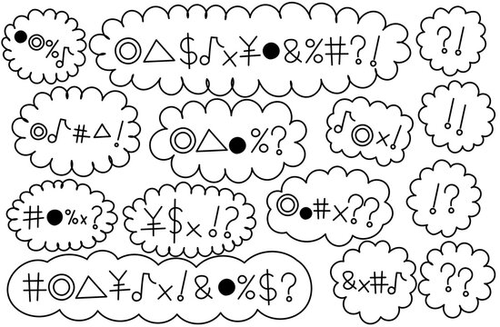 手書きの聞き取れなかった吹き出しアイコンセット　丸い、トゲトゲ、考える、悩む、トゲトゲ、もこもこなど
