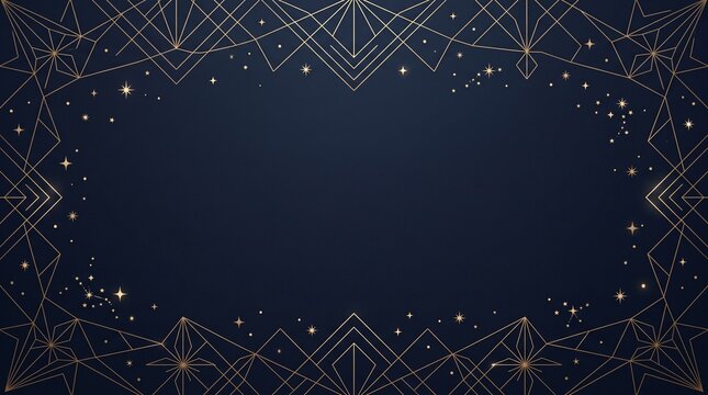 Elegant gold art deco geometric frame design featuring sparkling stars on a deep navy blue background created with clean sharp lines for luxury invitation card templates