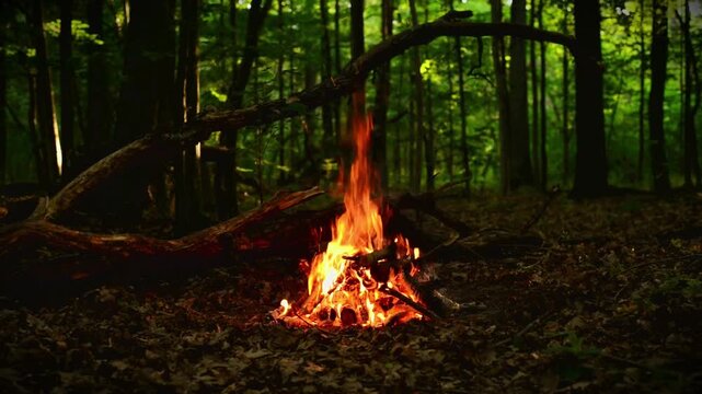 Beautiful campfire loop in the summer forest during daytime, seamless video with ambient sound of crackling logs and singing birds, bright fire flames on wood for relaxing ASMR screen