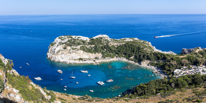 View of Anthony Quinn Bay Beach from above panorama vacation at the Aegean Sea Rhodes island, Greece