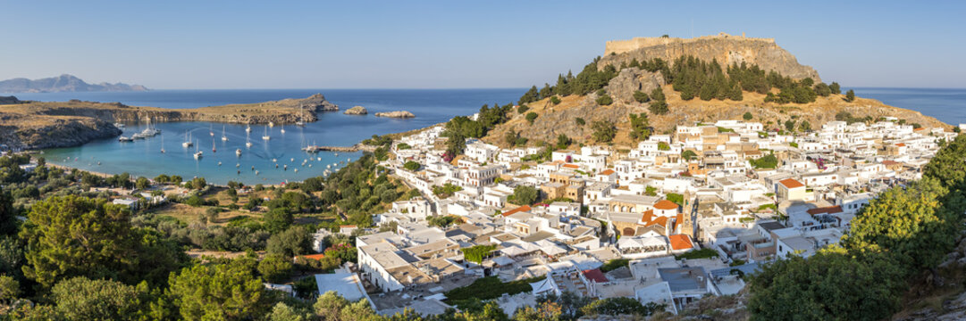 Rhodes island with acropolis of Lindos town panorama vacation at the Aegean Sea on Rhodes, Greece