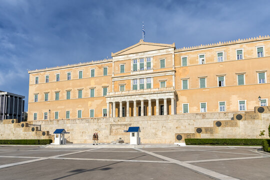 Athens Greek Hellenic Parliament and Tomb of the Unknown Soldier at Syntagma Square in Athens, Greece