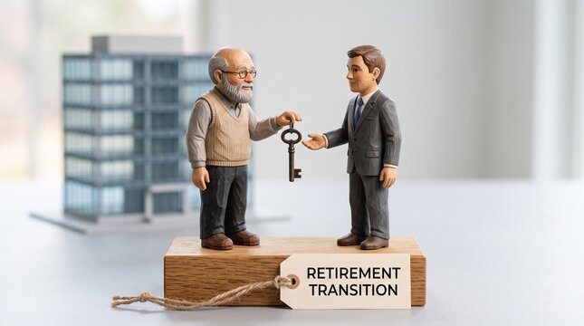 Retirement transition concept with miniature figures, senior man handing key to businessman, corporate succession and business handover metaphor