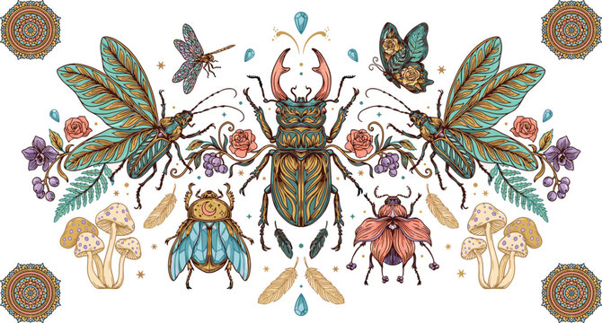 Ornate mystical insect vector banner illustration featuring symmetrical bohemian beetles, decorative butterflies, cicadas, floral details, and magical mushrooms isolated on white background.