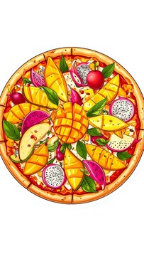 Colorful Tropical Fruit Topped Pizza Illustration.