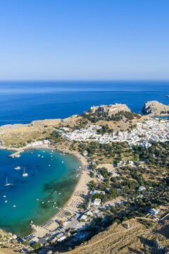 Rhodes island with acropolis of Lindos aerial view photo from above town at the Aegean Sea on Rhodes, Greece