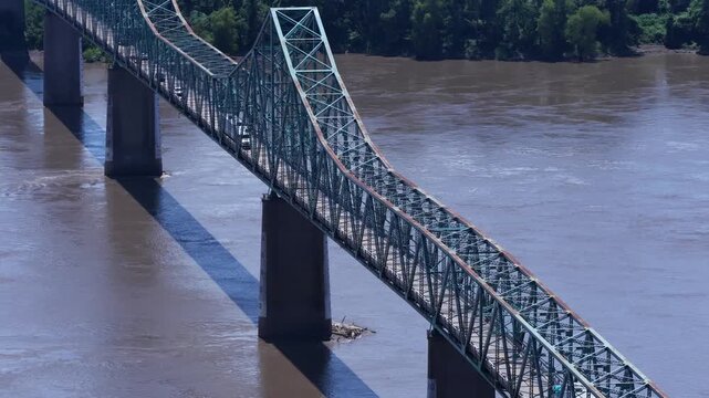 Aerial close up of Historic Cairo Mississippi River Iron Bridge at Mississippi, Ohio River Confluence 