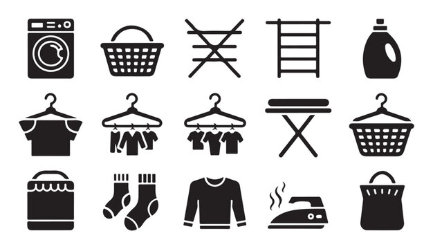 Set of laundry icons isolated on transparent background washing machine clothes hamper detergent.