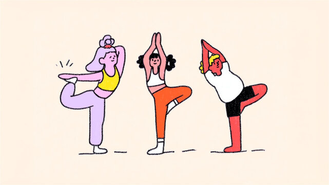 Cute doodle illustration women group practicing yoga poses tree pose balancing stretching healthy lifestyle fitness wellness training flat cartoon characters beige background
