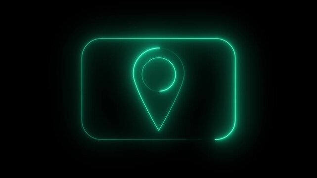 Abstract neon location icon fast tracking map pin icon animation. searching place address travel direction road signs map circle animated.