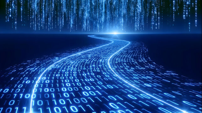 Abstract digital binary code data highway with glowing blue information matrix stream falling from above on dark background for technology network concepts