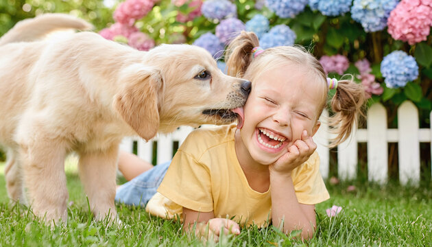 Laughing little girl lies on green grass in garden as cute Golden Retriever puppy licks her cheek, evoking pure joy and friendship. Perfect for family, pet care, and happiness concepts.