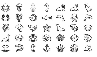 Fototapeta premium Ocean Wildlife and Marine Life Linear Icons Collection with Editable Outline Sea Creature Symbols