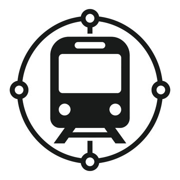 Simple black and white subway train icon in a circle with lines and dots icon