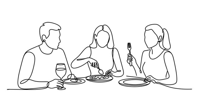 Group of friends eating dinner and talking together at a dining table drawn in a simple continuous line art style