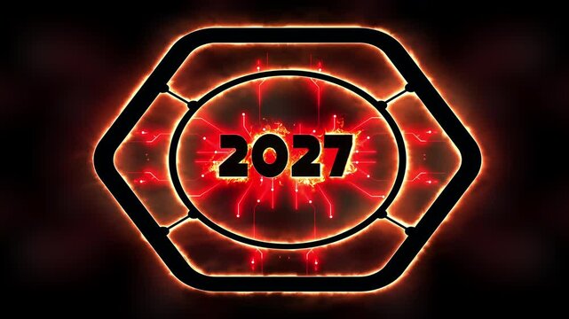 2027 New Year Loop with Fiery Plasma Energy and Glowing Circuit Technology Background Loop