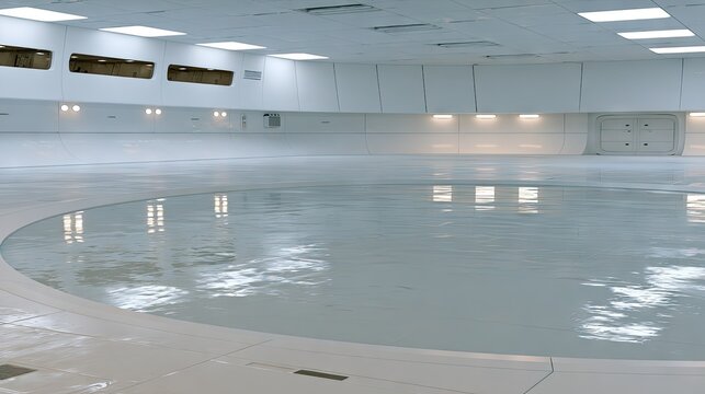 Empty futuristic white hall with reflective floor and panels