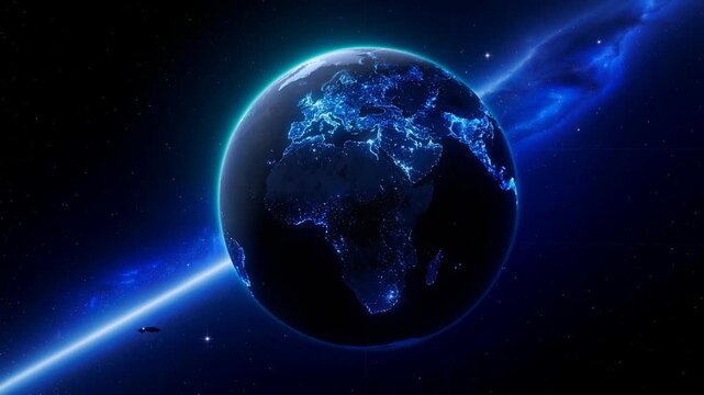 Glowing Earth planet at night showing illuminated cities and continents in outer space with stars and cosmic light