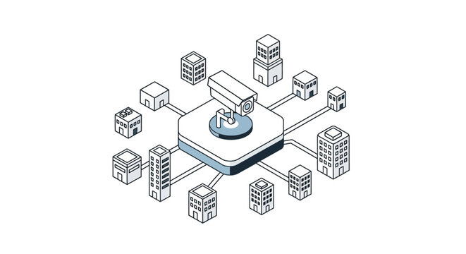 A central security camera monitors many different buildings in a digital network
