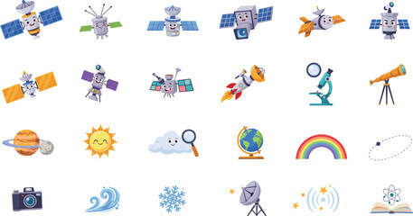 Cute kawaii space technology and science vector icon bundle featuring happy cartoon communication satellites, telescope, microscope, rainbow, and planet earth elements isolated on white background. © Monirul