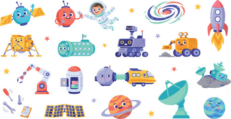 Cute kawaii space exploration vector bundle featuring happy cartoon rocket ships, planet mars rover, cute astronaut, alien satellite, and solar system technology elements isolated on white background. © Monirul