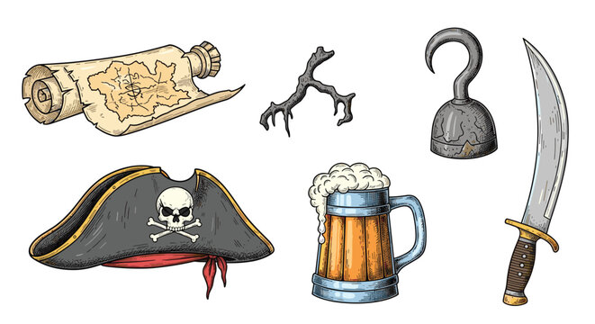 Hand drawn pirate elements collection including old treasure map, hook, cutlass sword, tricorn hat with skull, and wooden beer mug.