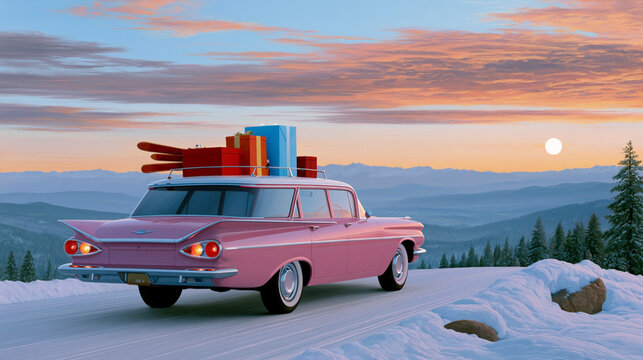 Retro american christmas scene with classic pink vintage car carrying gifts in snowy winter landscape