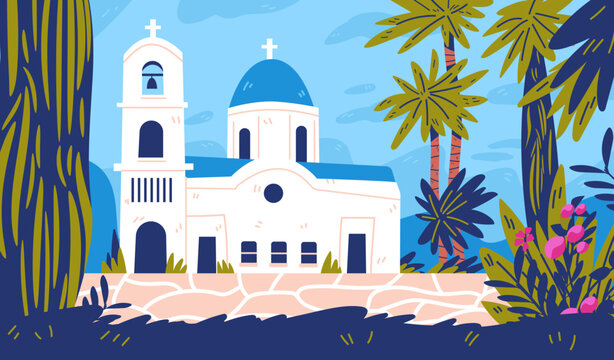 Mediterranean coastal scene white church blue dome palm trees lush vegetation bright sky landscape banner template