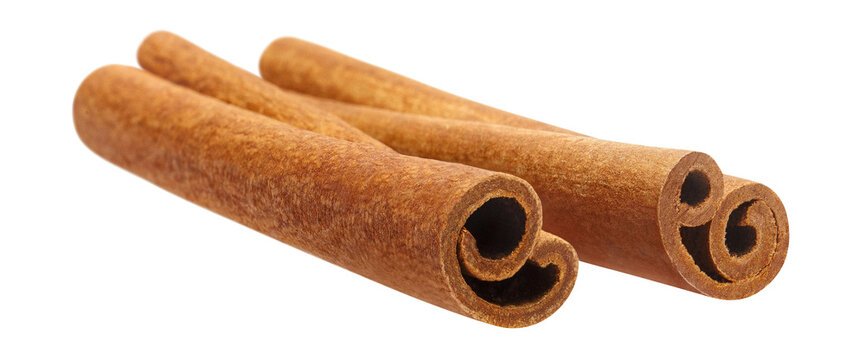 Two cinnamon sticks with rolled bark, isolated on transparent cutout background