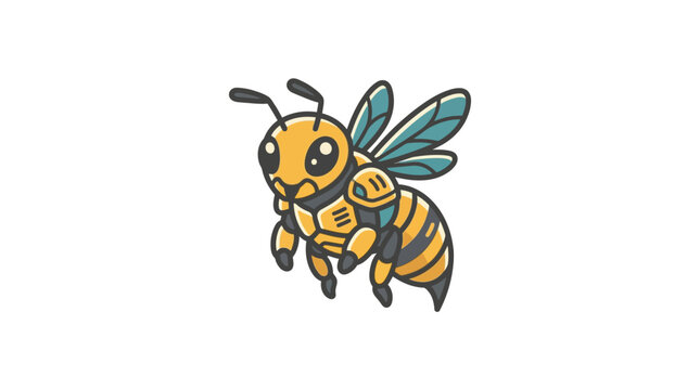 A stylized illustration of a robotic bee character isolated on a white background