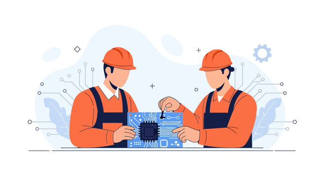 Two engineers in hard hats working on a complex circuit board with a central microprocessor, symbolizing technology, innovation, and teamwork.